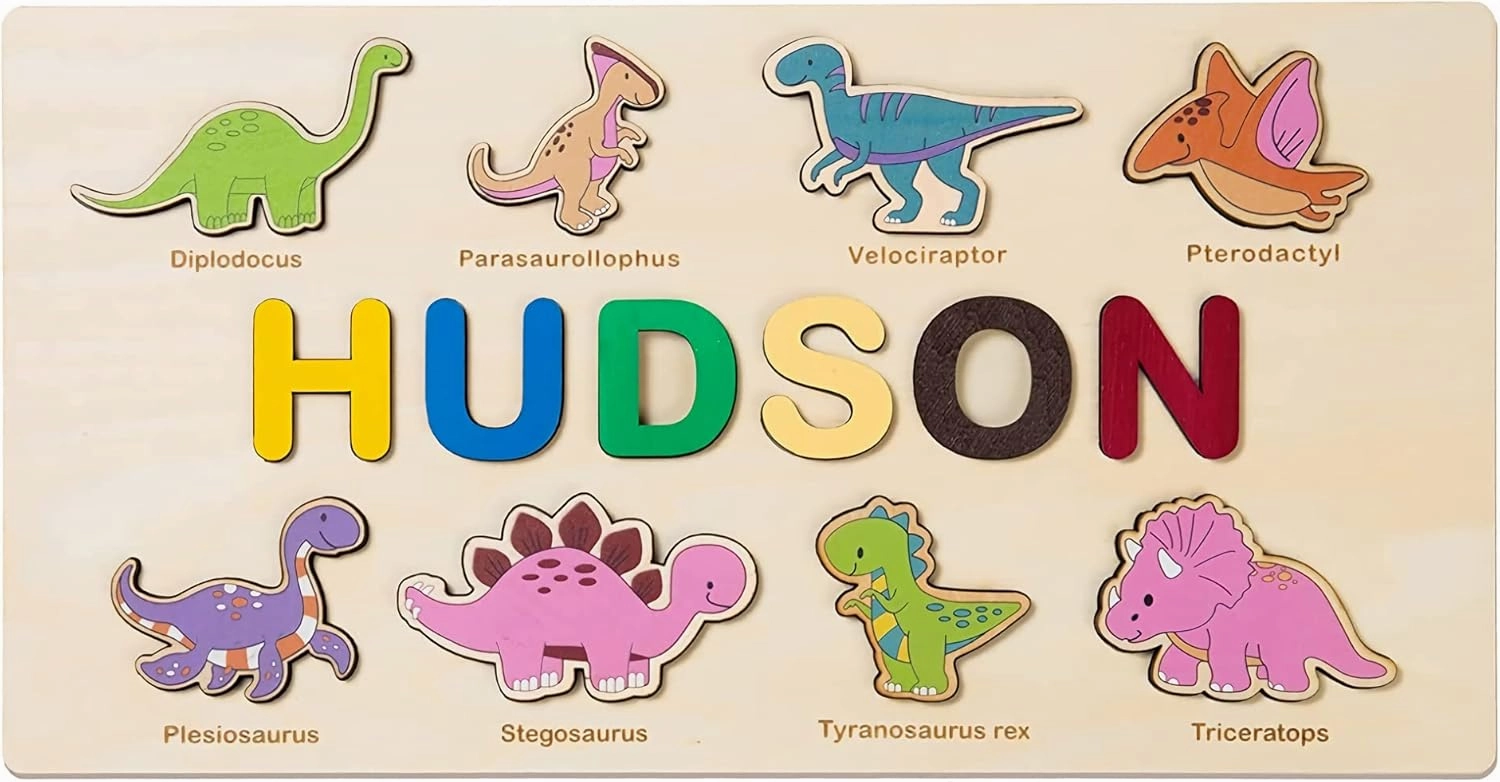 Personalized Name Puzzles, Wooden Custom Name Educational Puzzle Toys, for Preschool Early Education Toys Variety Styles, Creative Early Education for Baby Boys and Girls (8 Dinosaurs)