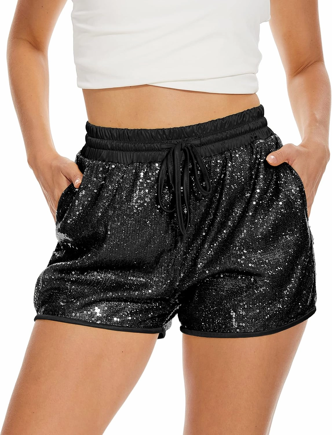 PESION Sequins Rave Shorts for Women High Waist Casual Loose A Line Hot Pants Sparkly Clubwear Night-Out