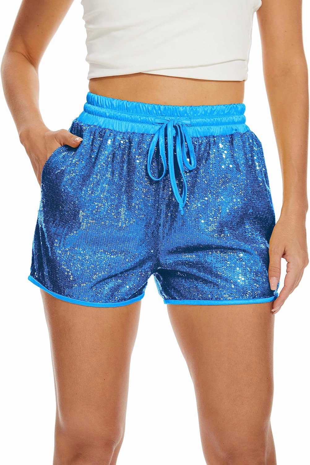 PESION Sequins Rave Shorts for Women High Waist Casual Loose A Line Hot Pants Sparkly Clubwear Night-Out