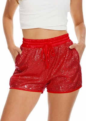 PESION Sequins Rave Shorts for Women High Waist Casual Loose A Line Hot Pants Sparkly Clubwear Night-Out