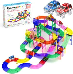 PicassoTiles 100 PCs Race Car Track Set Magnetic Toy Building Block with 2 LED Cars with Height Adjustable Roads Signs Education STEM Building Kit Learning Construction Fun for Boys & Girls Ages 3 
