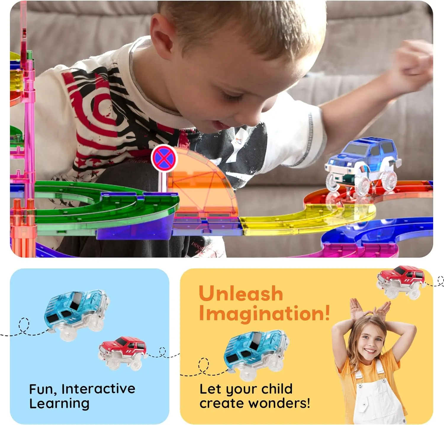 PicassoTiles 100 PCs Race Car Track Set Magnetic Toy Building Block with 2 LED Cars with Height Adjustable Roads Signs Education STEM Building Kit Learning Construction Fun for Boys & Girls Ages 3 
