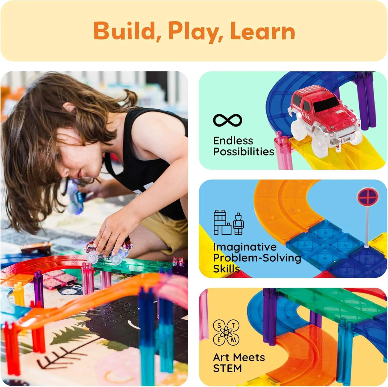 PicassoTiles 100 PCs Race Car Track Set Magnetic Toy Building Block with 2 LED Cars with Height Adjustable Roads Signs Education STEM Building Kit Learning Construction Fun for Boys & Girls Ages 3 