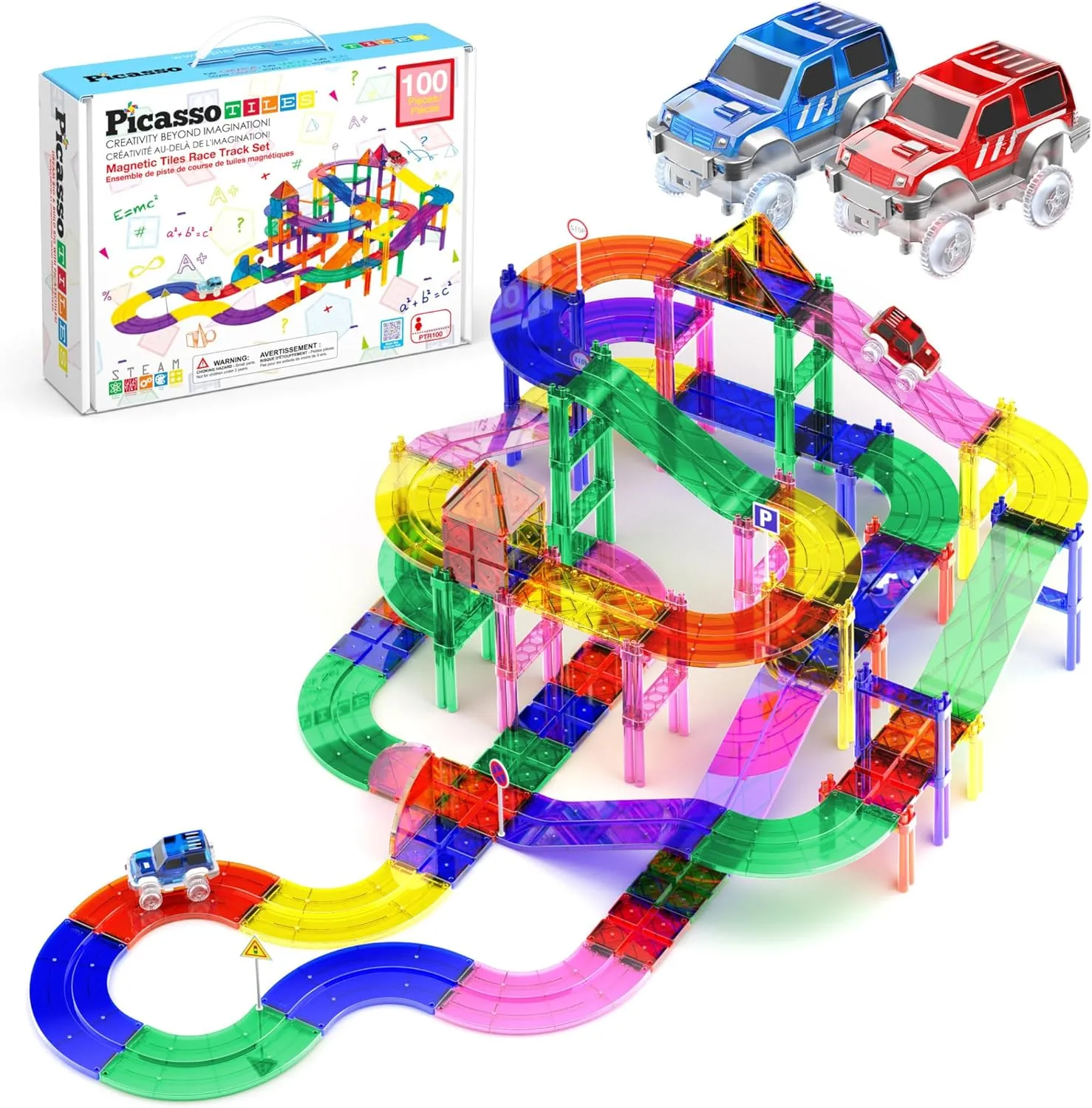 PicassoTiles 100 PCs Race Car Track Set Magnetic Toy Building Block with 2 LED Cars with Height Adjustable Roads Signs Education STEM Building Kit Learning Construction Fun for Boys & Girls Ages 3 