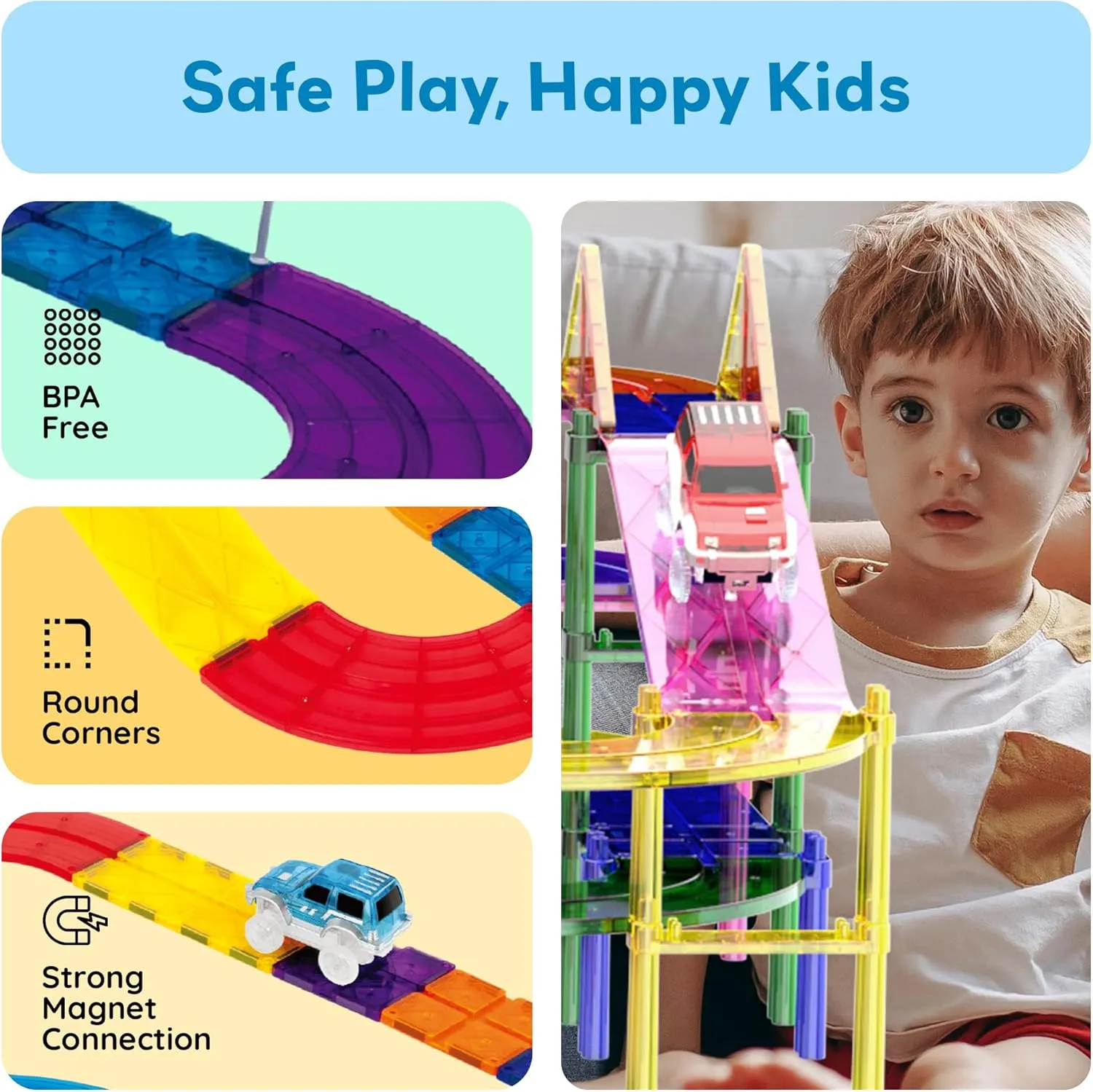 PicassoTiles 100 PCs Race Car Track Set Magnetic Toy Building Block with 2 LED Cars with Height Adjustable Roads Signs Education STEM Building Kit Learning Construction Fun for Boys & Girls Ages 3 