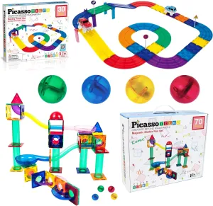 PicassoTiles 70PC Marble Run   30PC Magnetic Race Car Track, Fun & Creative Playset: STEAM Learning, Enhance Construction Skills, Hand-Eye Coordination and Fine Motor Skills, Gift for Boys and Girls