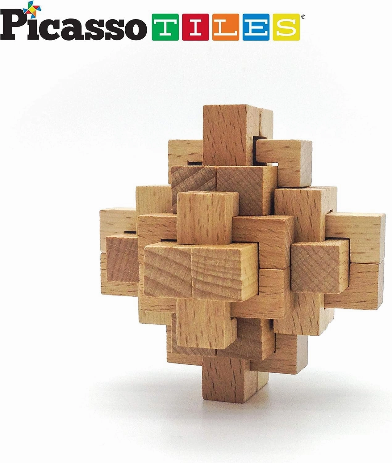 PicassoTiles 8 Styles Interlocking Sensory Toys Wooden Burr Cube, Ball and Barrels Logic Skill Genius Puzzle Brain Teaser Games & Intellectual 3D Assembling Educational Toy Set for Kids & Adults PTP08