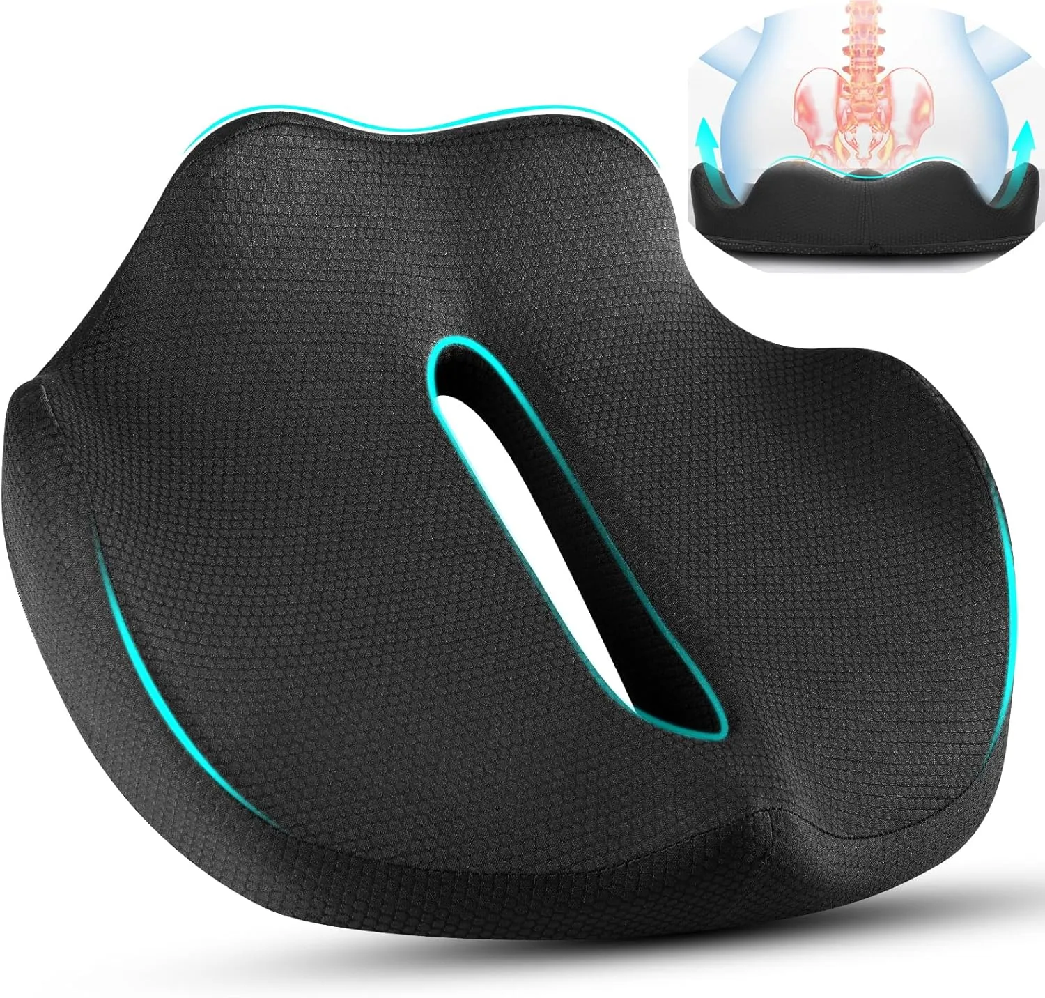 PilloVive Seat Cushion for Long Sitting–Support Pad for Truck Drivers,Office Chairs–Tailbone & Sciatica Pain Relief,Ergonomic Memory Foam,Soft Pressure Relief for Car,Wheelchair,Airplane (Black)