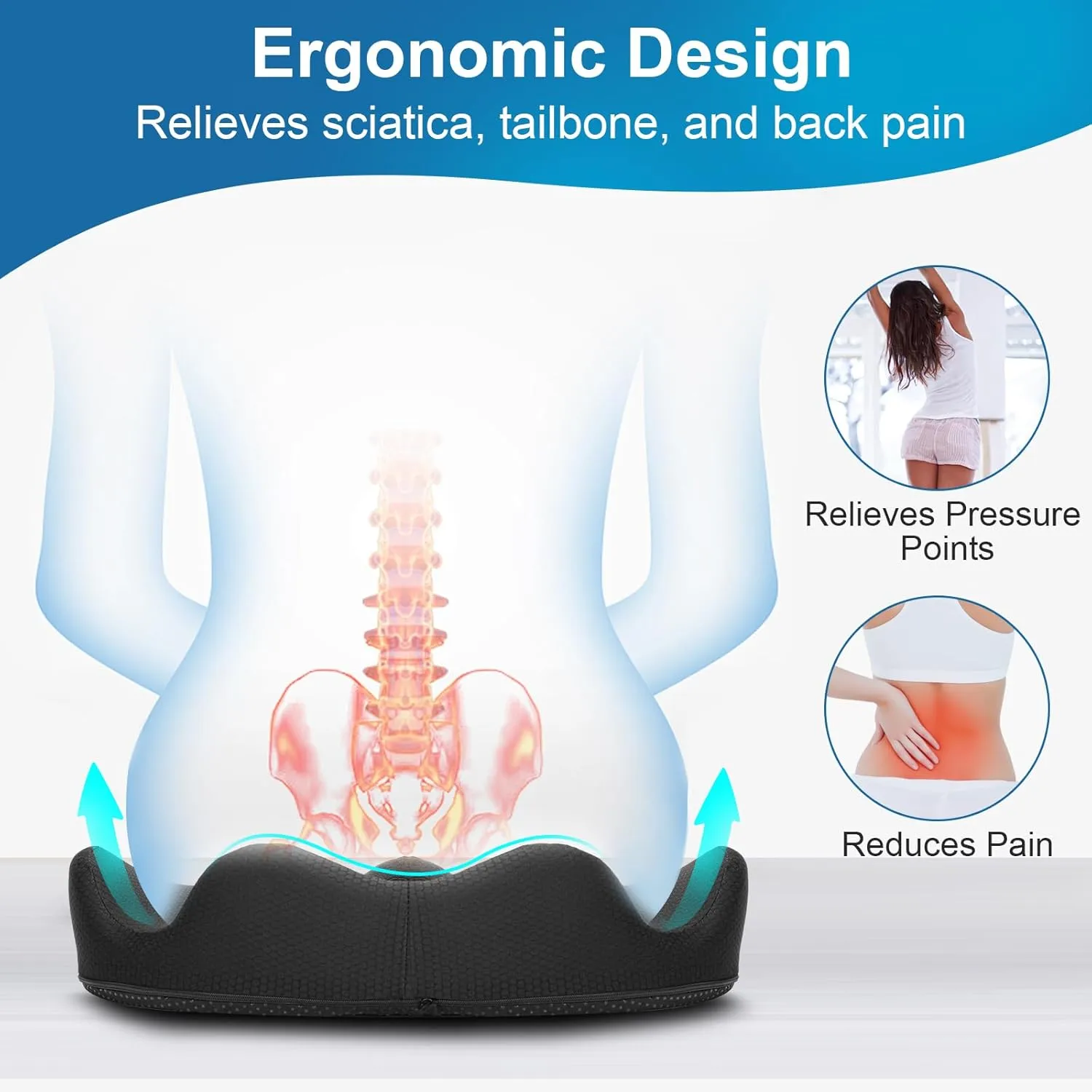 PilloVive Seat Cushion for Long Sitting–Support Pad for Truck Drivers,Office Chairs–Tailbone & Sciatica Pain Relief,Ergonomic Memory Foam,Soft Pressure Relief for Car,Wheelchair,Airplane (Black)