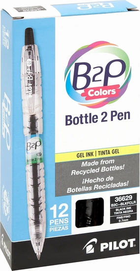 PILOT B2P Colors - Bottle to Pen Refillable & Retractable Rolling Ball Gel Pen Made From Recycled Bottles, Fine Point, Black G2 Ink/Clear Barrel, 12-Pack (36629)