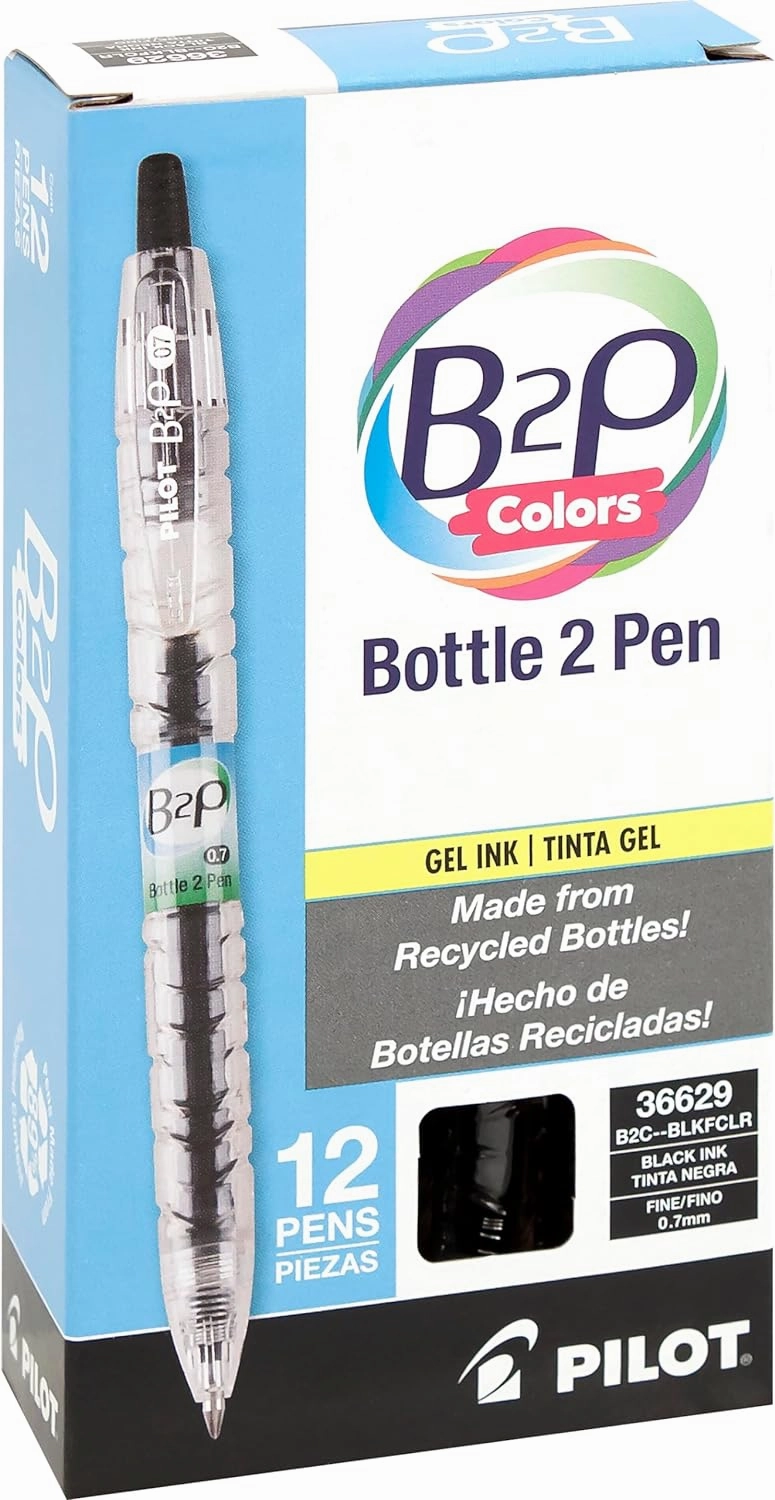 PILOT B2P Colors - Bottle to Pen Refillable & Retractable Rolling Ball Gel Pen Made From Recycled Bottles, Fine Point, Black G2 Ink/Clear Barrel, 12-Pack (36629)