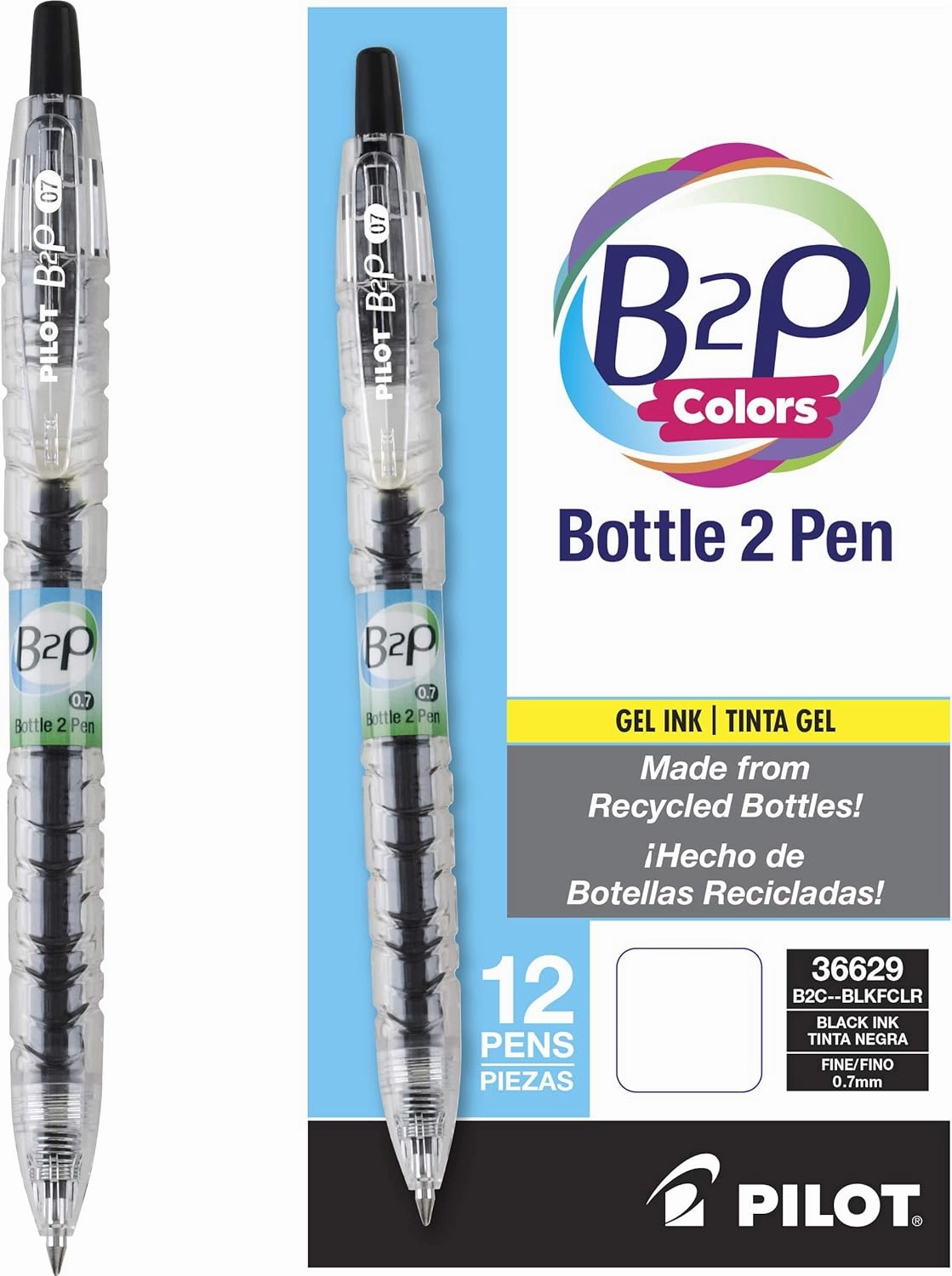 PILOT B2P Colors - Bottle to Pen Refillable & Retractable Rolling Ball Gel Pen Made From Recycled Bottles, Fine Point, Black G2 Ink/Clear Barrel, 12-Pack (36629)