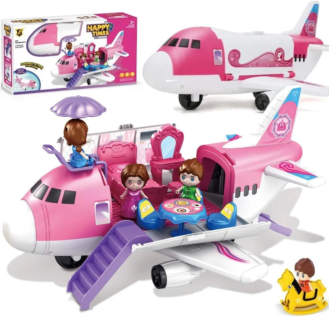 Pink Airplane Toy Private Jet Transport Cargo Vehicle - Big Large Aircraft Plane with Figures and Beauty Accessories Pretend Playset for Toddler Girls