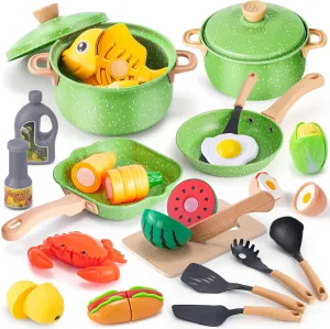 Play Kitchen Accessories Play Food Set for Kids, Stainless Steel Pots and Pans Cooking Set for Toddlers Pretend Food Toys, Kitchen Playset for Kids Ages 4-8 Birthday for Boys and Girls