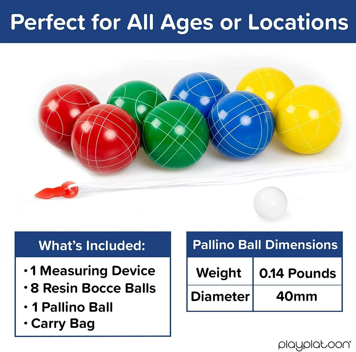 Play Platoon Bocce Ball Set 84mm/90mm/100mm with 8 Premium Bocce Balls, Pallino, Carry Bag & Measuring Rope - Choose Between Classic Resin and Soft Sets