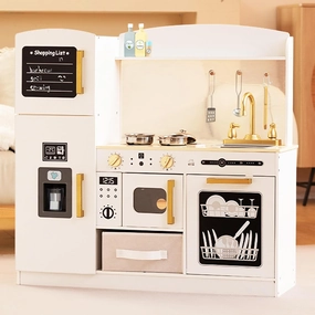 Play Kitchen Set for Kids, Wooden Kids Kitchen Playset with Real Lights & Sounds, Interactive Toy Kitchen with Felt Boxes for Storing Kitchen Utensils and Ice Maker Toy Accessories (White)
