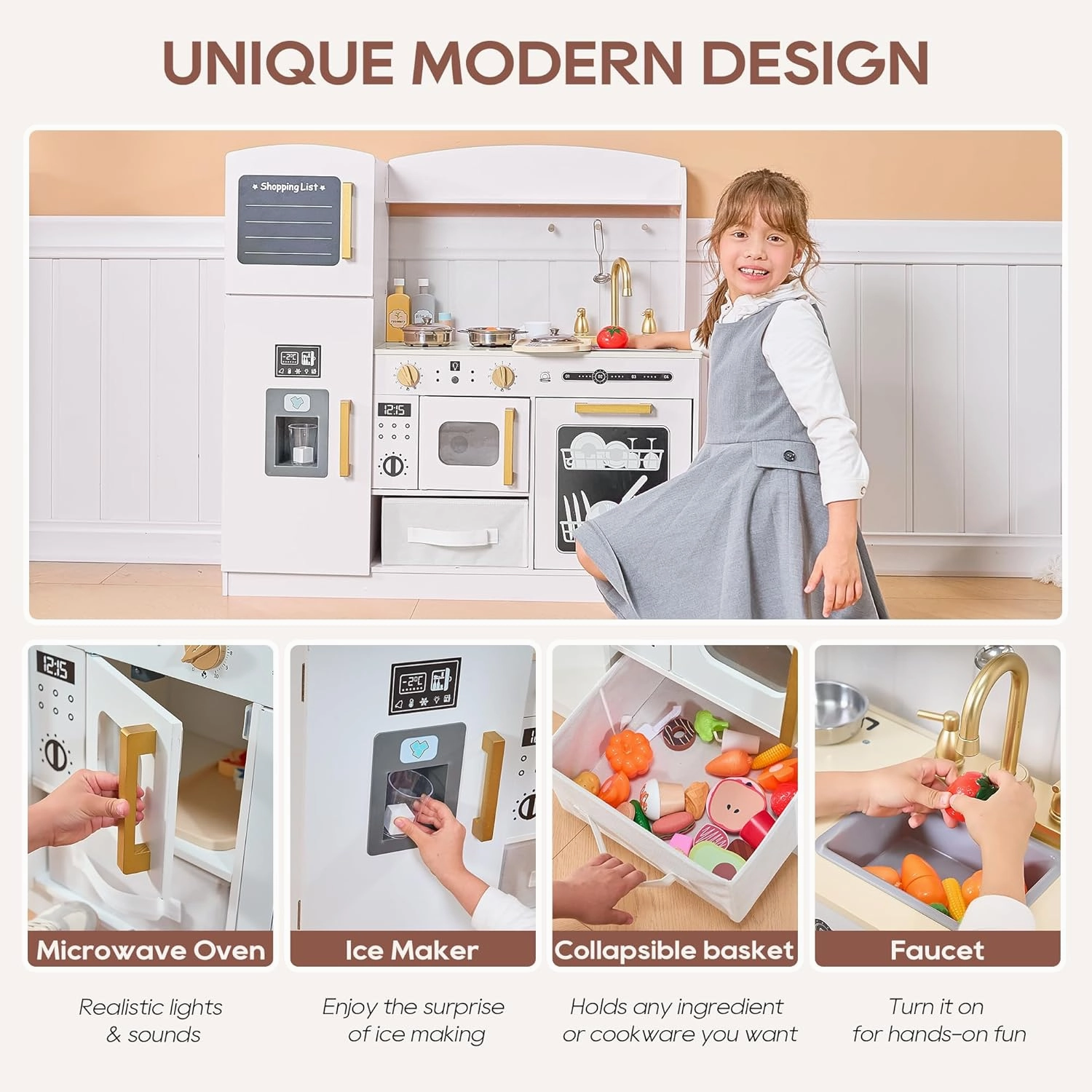 Play Kitchen Set for Kids, Wooden Kids Kitchen Playset with Real Lights & Sounds, Interactive Toy Kitchen with Felt Boxes for Storing Kitchen Utensils and Ice Maker Toy Accessories (White)