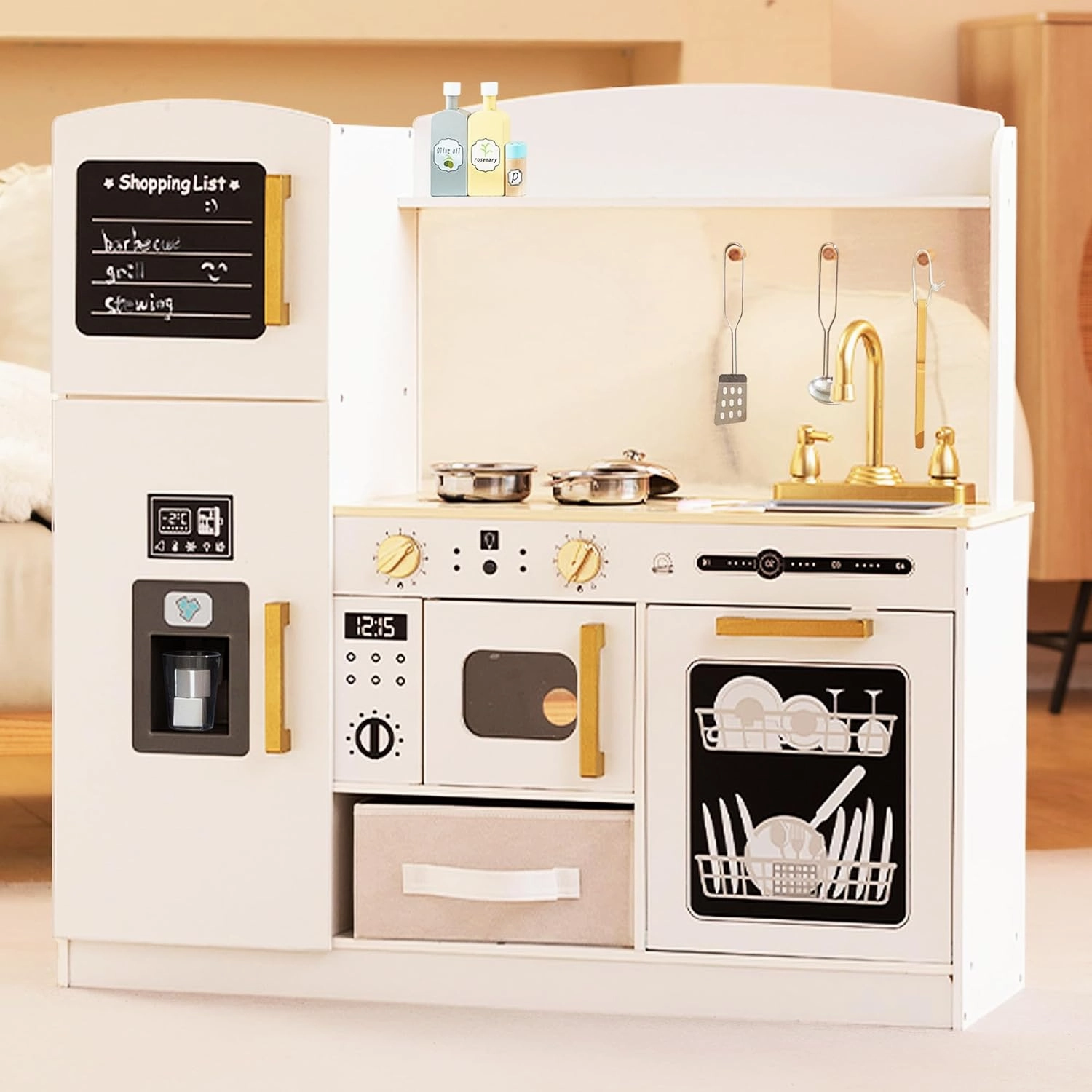 Play Kitchen Set for Kids, Wooden Kids Kitchen Playset with Real Lights & Sounds, Interactive Toy Kitchen with Felt Boxes for Storing Kitchen Utensils and Ice Maker Toy Accessories (White)