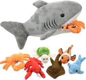 Plush Shark 15 Inch with 6 Soft Baby Sea Creatures for Hungry Great White Sharks Plushie Stuffed Animal to Eat Including Crab, Lobster, Stingray, Dolphin, Turtle, & Clown Fish - Eating Plush