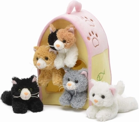Plush Cat House with Cats - Five (5) Stuffed Animal Cats in Play Kitten House Carrying Case