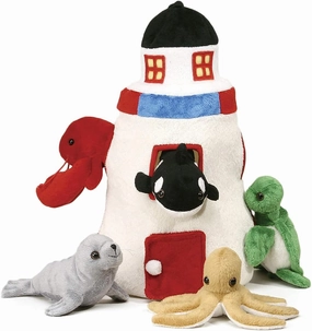 Plush Lighthouse with Animals - Five (5) Stuffed Sea Animals (Orca, Lobster, Sea Turtle, Seal, Octopus) in Play Lighthouse Carrying Case