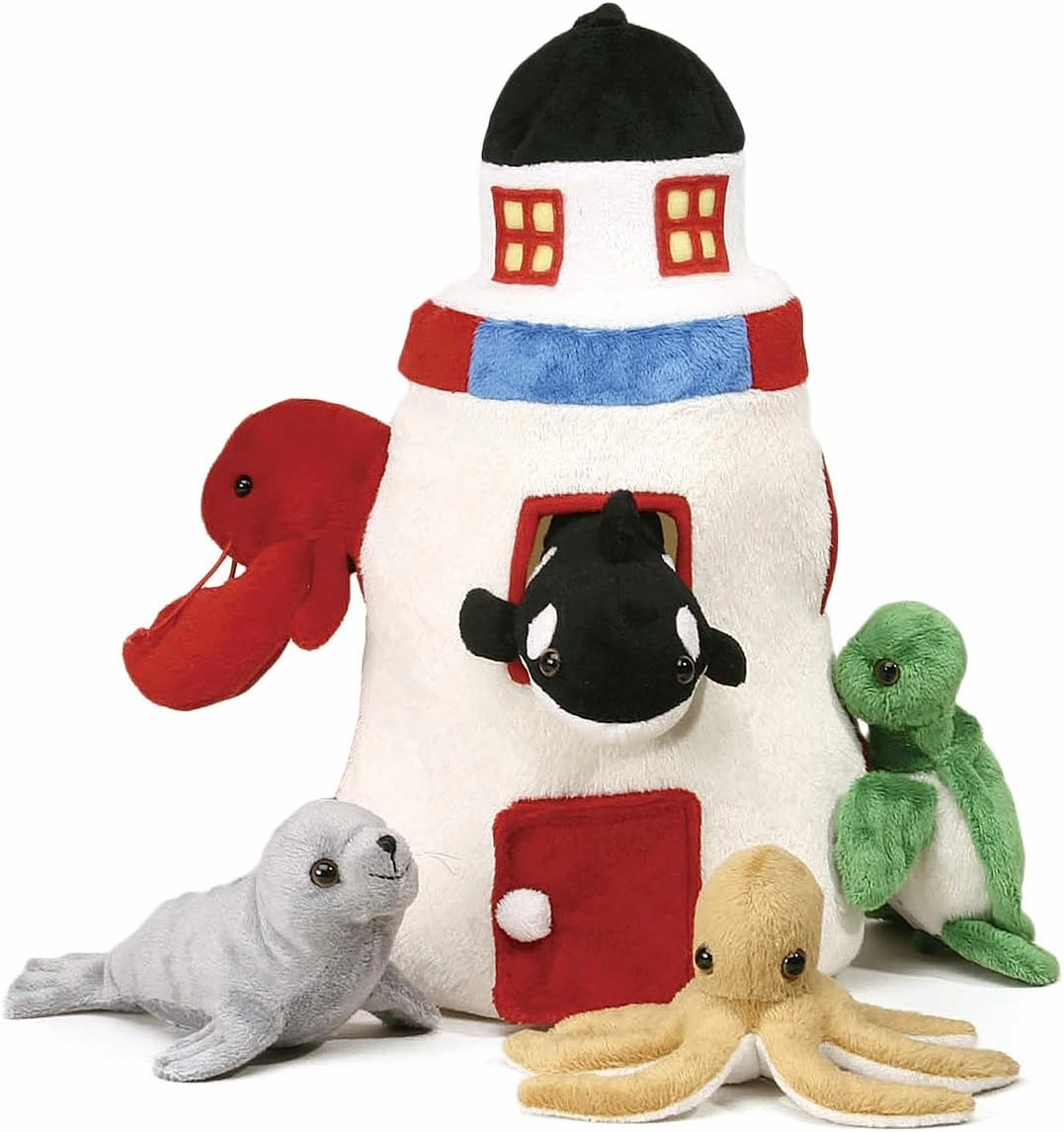 Plush Lighthouse with Animals - Five (5) Stuffed Sea Animals (Orca, Lobster, Sea Turtle, Seal, Octopus) in Play Lighthouse Carrying Case