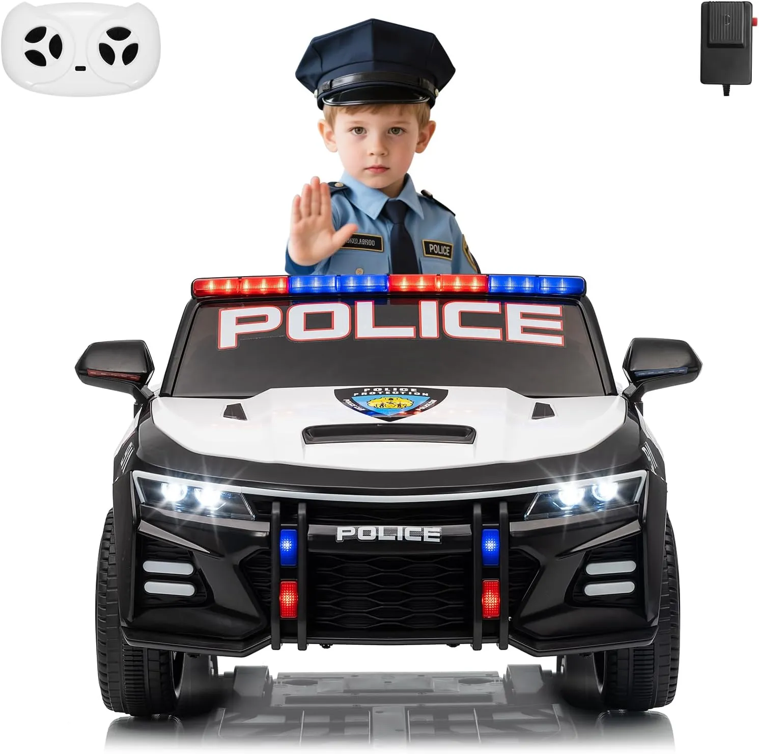 Police Ride on Car for Kids, Battery Powered Ride-On Toys Cop Cars with Remote Control, Emergency Alert Tones, Flashing Lights, Music, Spring Suspension