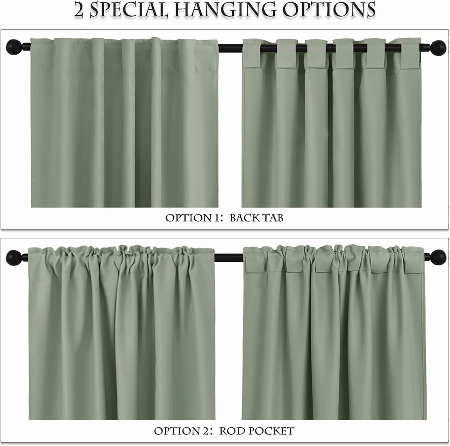 PONY DANCE Short Black Out Curtain Panels for Basement, Small Drapes for Bathroom, Thermal Insulated Tiers for Basement, 34x45 inch, 2 Window Curtain Panels, Sage Green