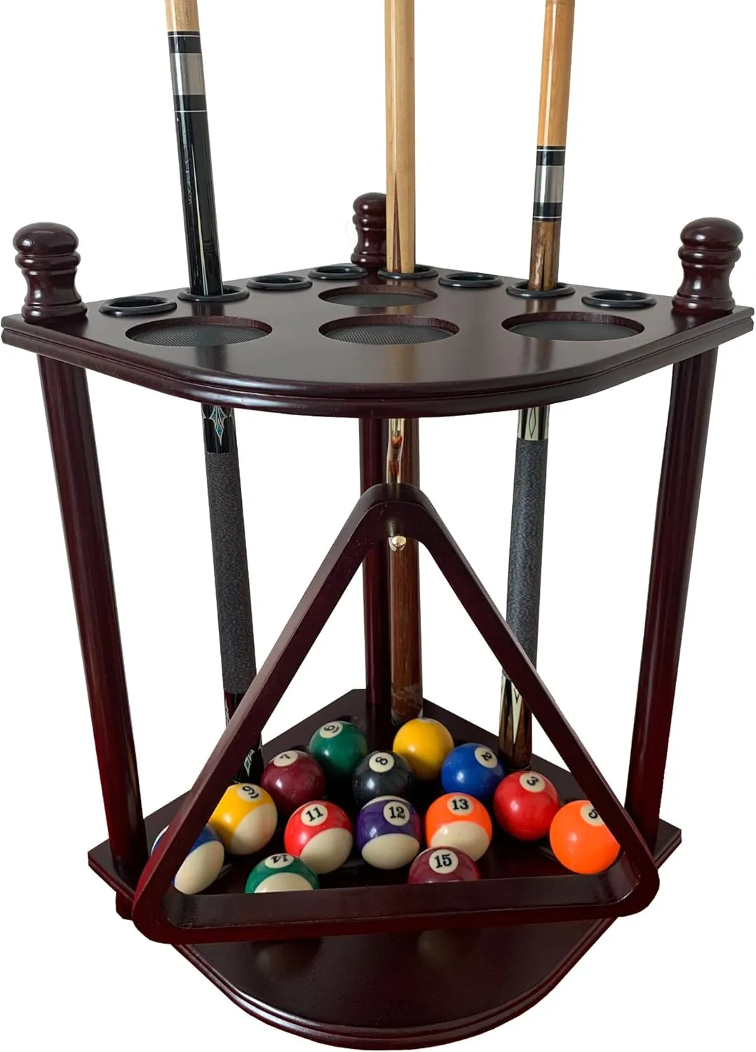 Pool Cue Rack Hold up to 8 Sticks & Billiard Accessories. Floor Stand Pool Cue Stick Holder Made of 100% Solid Hardwood.(Traditional Mahogany)