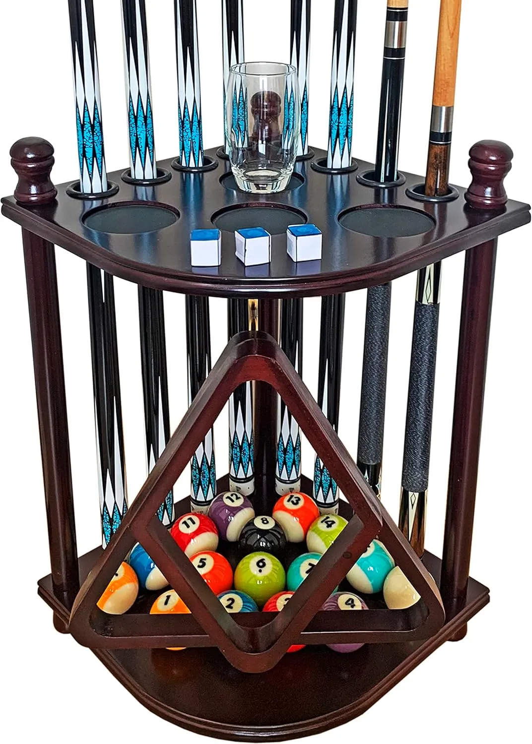 Pool Cue Rack Hold up to 8 Sticks & Billiard Accessories. Floor Stand Pool Cue Stick Holder Made of 100% Solid Hardwood.(Traditional Mahogany)