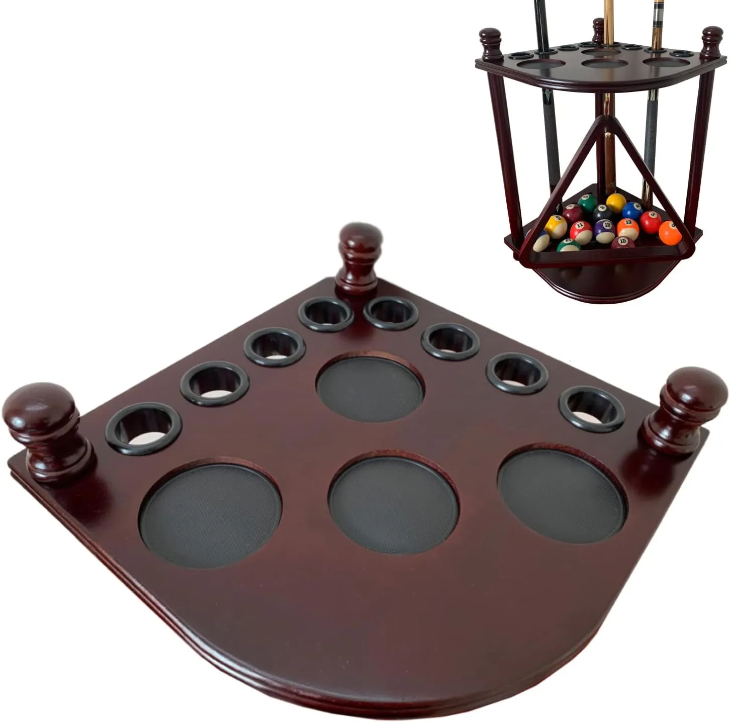 Pool Cue Rack Hold up to 8 Sticks & Billiard Accessories. Floor Stand Pool Cue Stick Holder Made of 100% Solid Hardwood.(Traditional Mahogany)