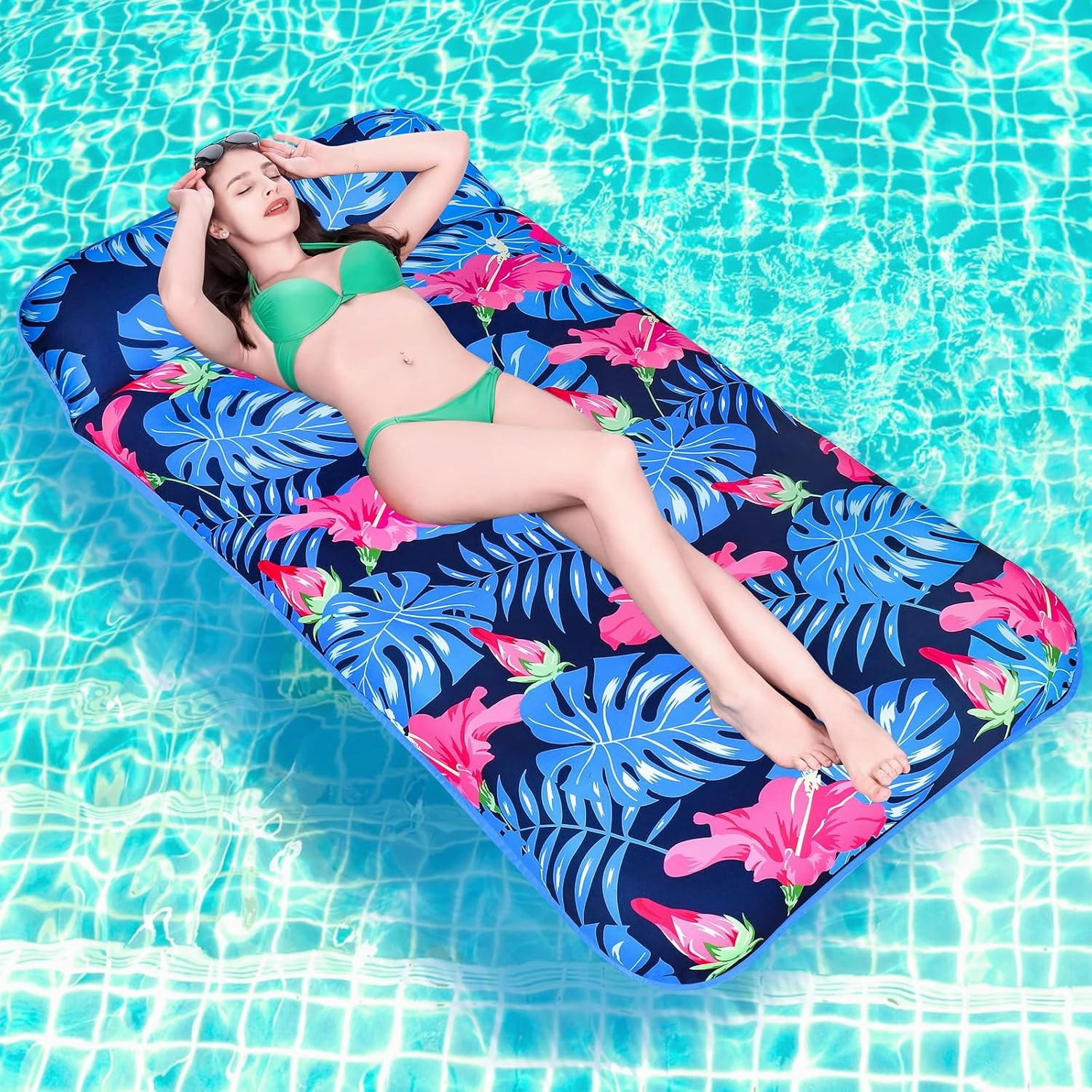 Pool Floats Adult, 74'' X 37'' Oversized Inflatable Pool Floats Tanning Pool with Headrest, Fabric Covered Pool Lounger Floaties for Adults, Pool Rafts for Beach Lake Summer Pool Party