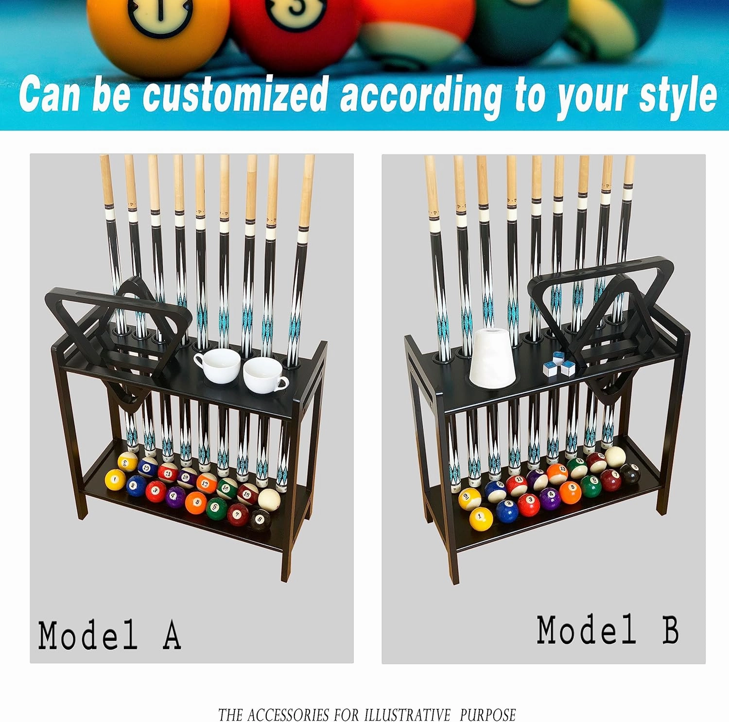 Pool Stick Holder Floor Stand Holds 9 Cues & Pool Table Accessories. Wooden 2-Tier Cue Stick Storage with Ball Rack Hangers, Billiard Cone Chalk Holder or Drink Pads