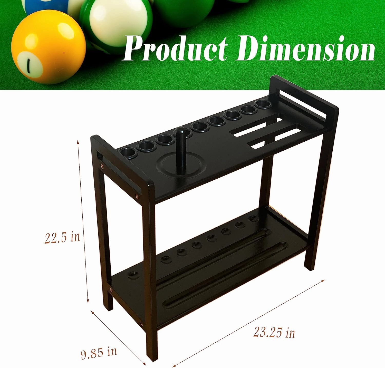Pool Stick Holder Floor Stand Holds 9 Cues & Pool Table Accessories. Wooden 2-Tier Cue Stick Storage with Ball Rack Hangers, Billiard Cone Chalk Holder or Drink Pads