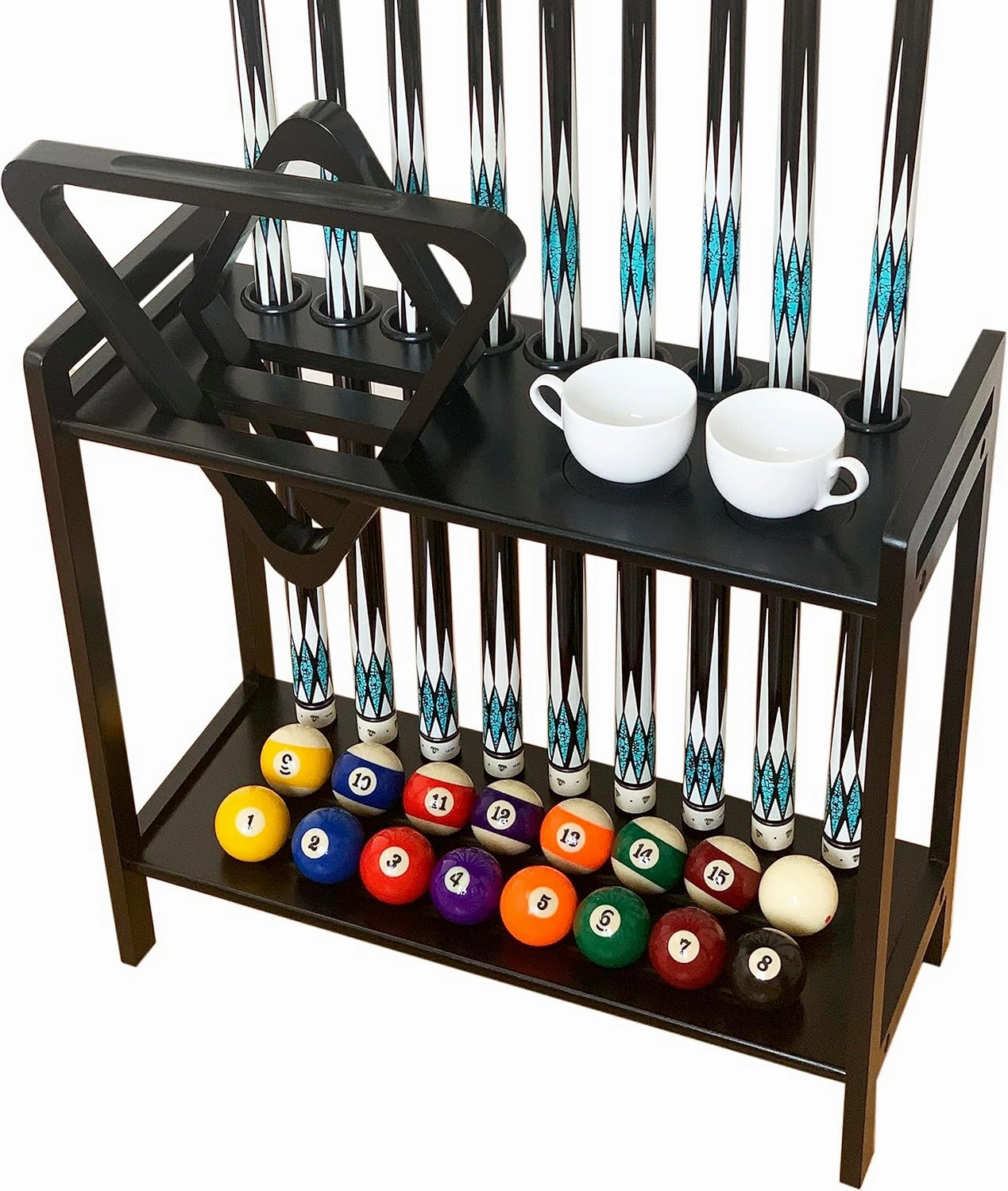 Pool Stick Holder Floor Stand Holds 9 Cues & Pool Table Accessories. Wooden 2-Tier Cue Stick Storage with Ball Rack Hangers, Billiard Cone Chalk Holder or Drink Pads