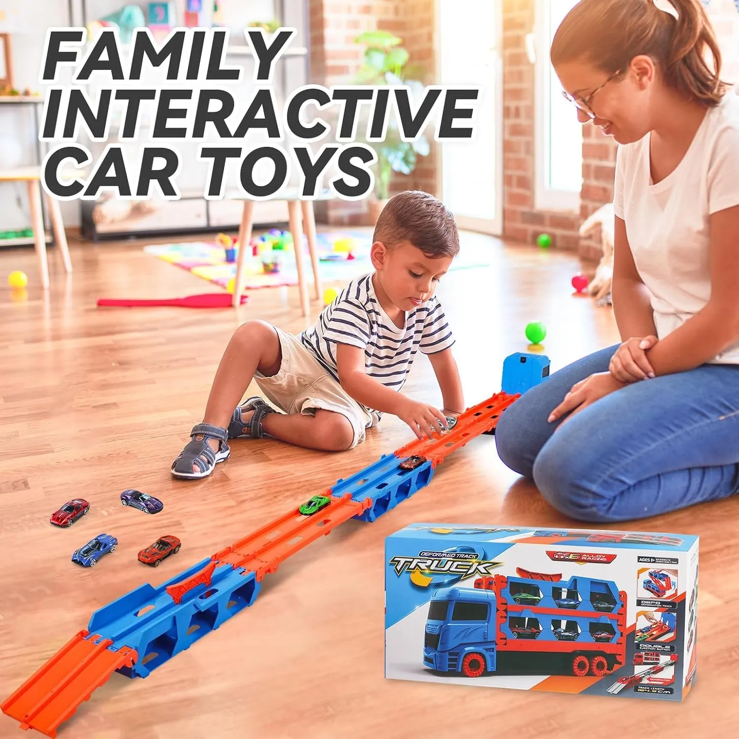 Portable Foldable 3-Layer Race Track Truck, Toys for Ages 3-7, Transport Car Carrier with 12 Race Cars, Boys Toys Age 3-6, for Kids