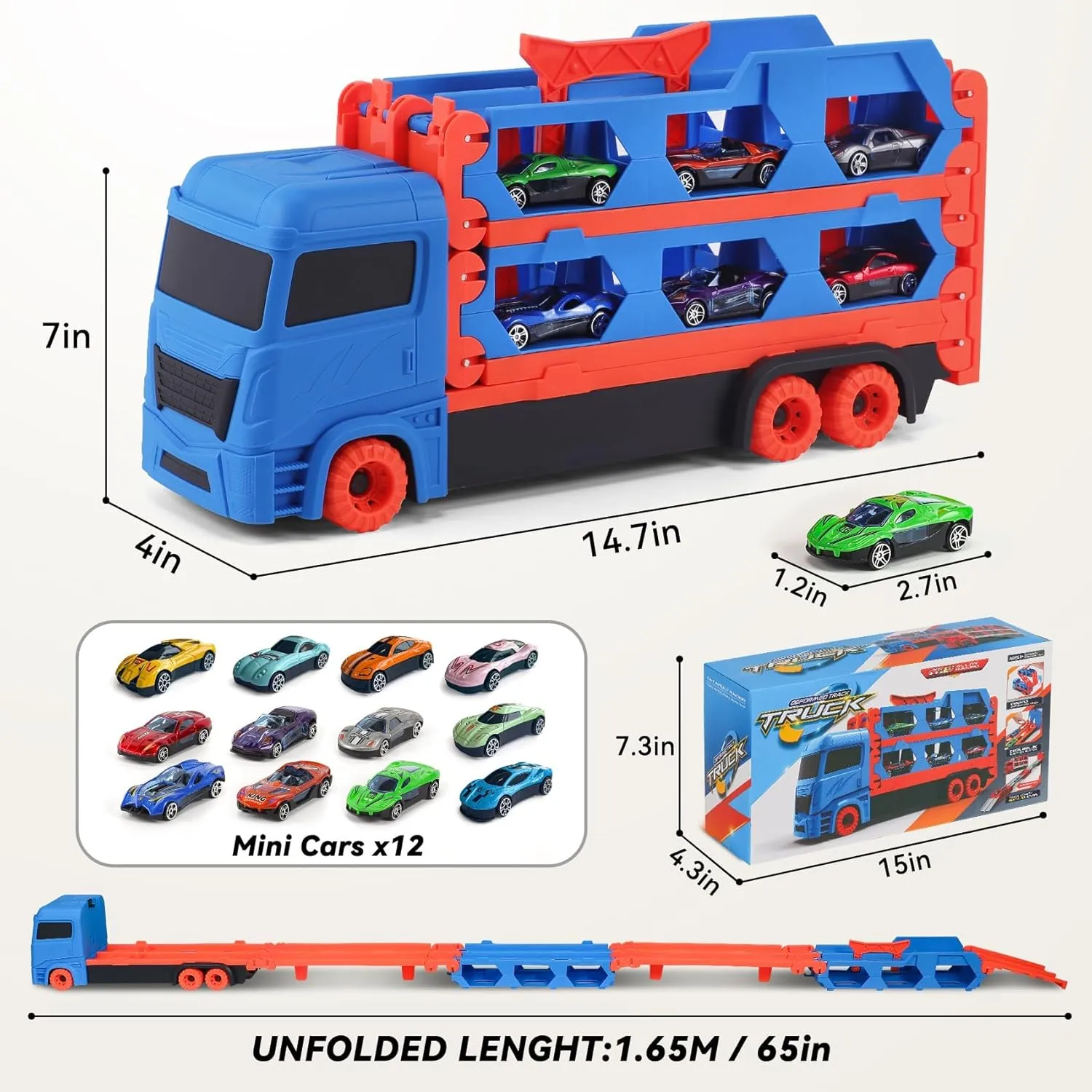 Portable Foldable 3-Layer Race Track Truck, Toys for Ages 3-7, Transport Car Carrier with 12 Race Cars, Boys Toys Age 3-6, for Kids