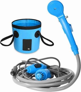 Portable Camping Shower Outdoor 12V Shower Pump with 20L Bucket for Camping Hiking Backpacking Travel Beach Pet Bath ering, Blue
