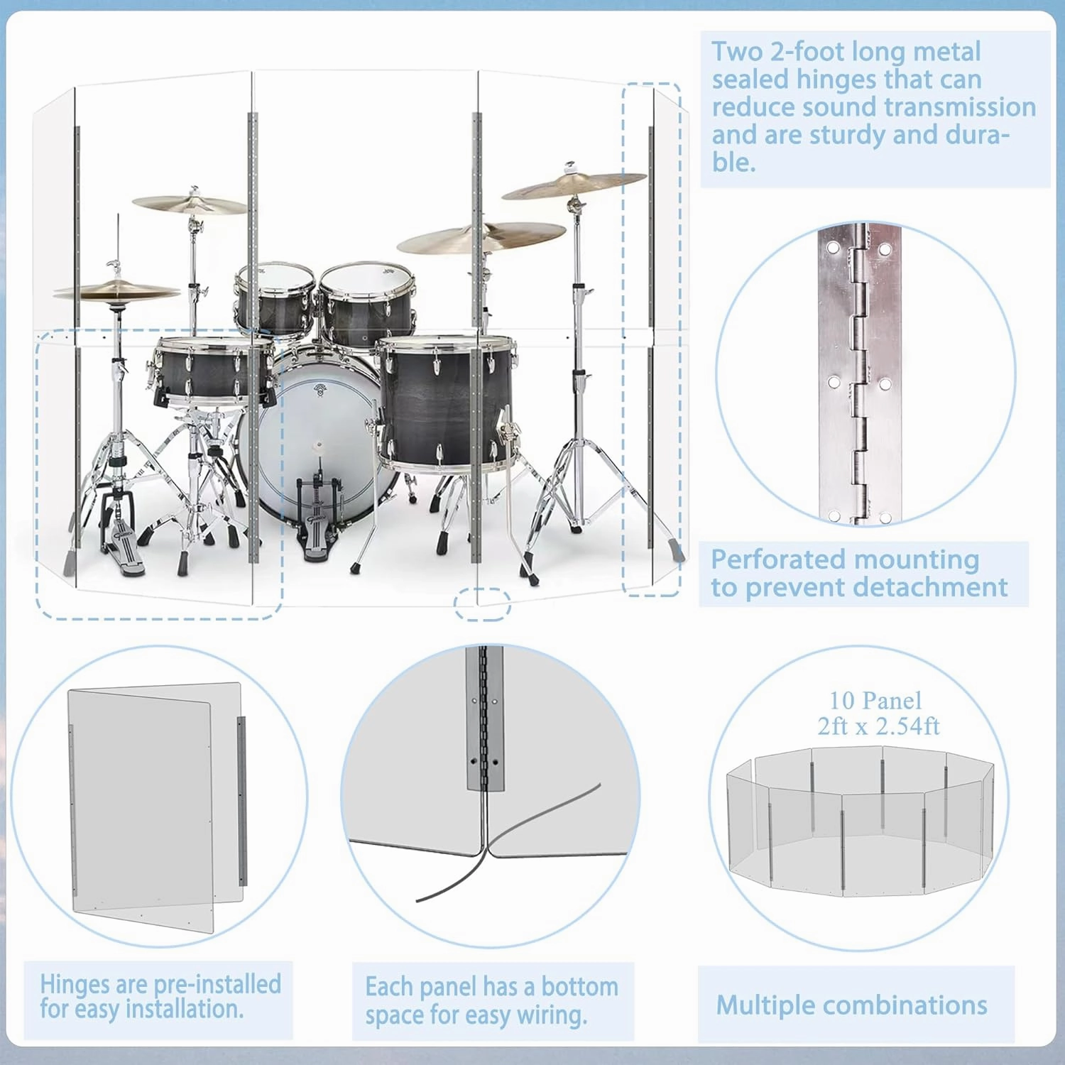 Portable Drum Shield 5-Panels 2ft x 5ft - Acrylic with Stainless Steel Hinges - Perfect for Churches, Home Practice, and Live Performances. (5 Panels)