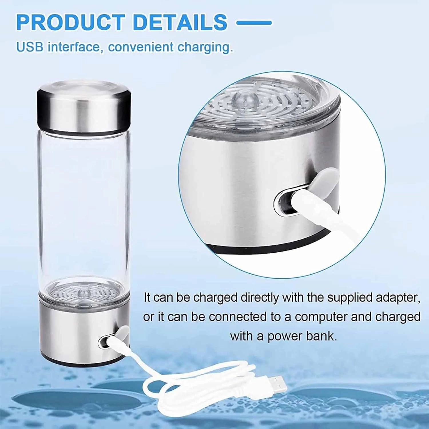 Portable Hydrogen-Rich Water Cup, Water Ionizer Maker Generator, USB H2 Healthy Smart Cup, 1600ppb high Concentration, for Use in The Office, Home, and Car