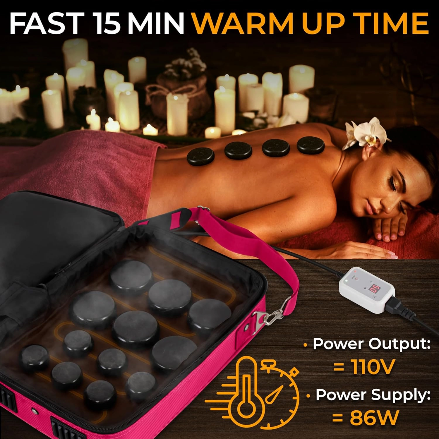 Portable Massage Stone Warmer Set - Electric Spa Hot Stones Massager and Heater Kit with 6 Large and 6 Small Round Shaped Basalt Massaging Rocks, Digital Controller Heating Bag, Pink