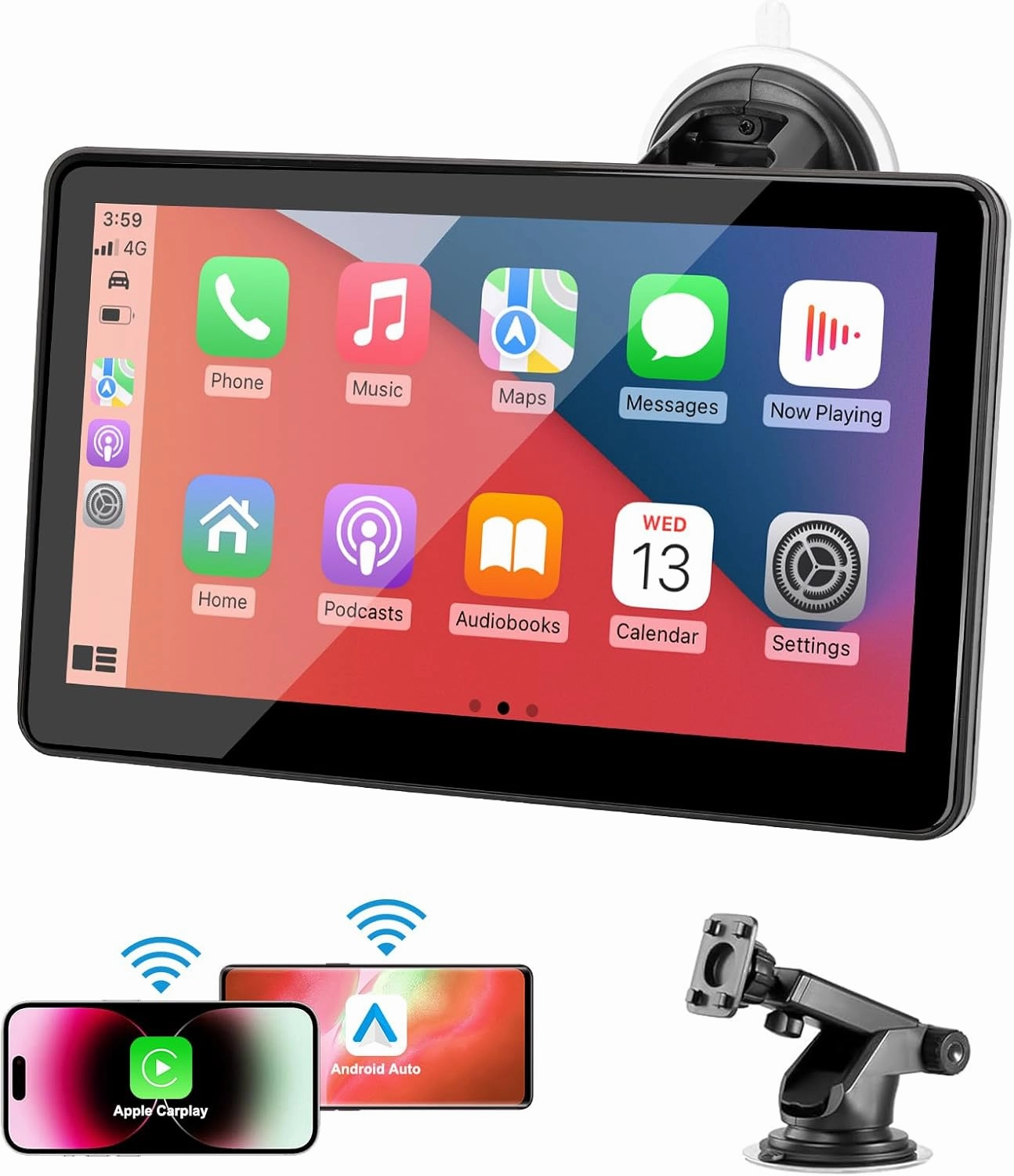 Portable Wireless CarPlay Screen for Car, 7" HD Touch Screen for Car with Apple CarPlay & Android Auto, Pantalla para Carros with Bluetooth/AUX/FM Transmitter/Voice Control/Navigation for All Vehicles