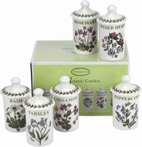 Portmeirion Botanic Garden 4.5-Inch Spice Jars (Set of 6) - Decorative Spice Jar Set with Spice Labels & Assorted Floral Motifs, Airtight Porcelain Containers - Elegant Kitchen Décor