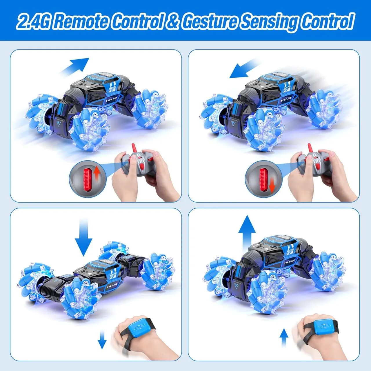 Powerextra Gesture Rc Car, 4WD 2.4GHz Remote Control Gesture Sensing Car, Double Sided 360° Rotating Off Road Rc Stunt Car with Lights & Music, Toy Car for 6-12 Year Old Boys & Girls (Blue)