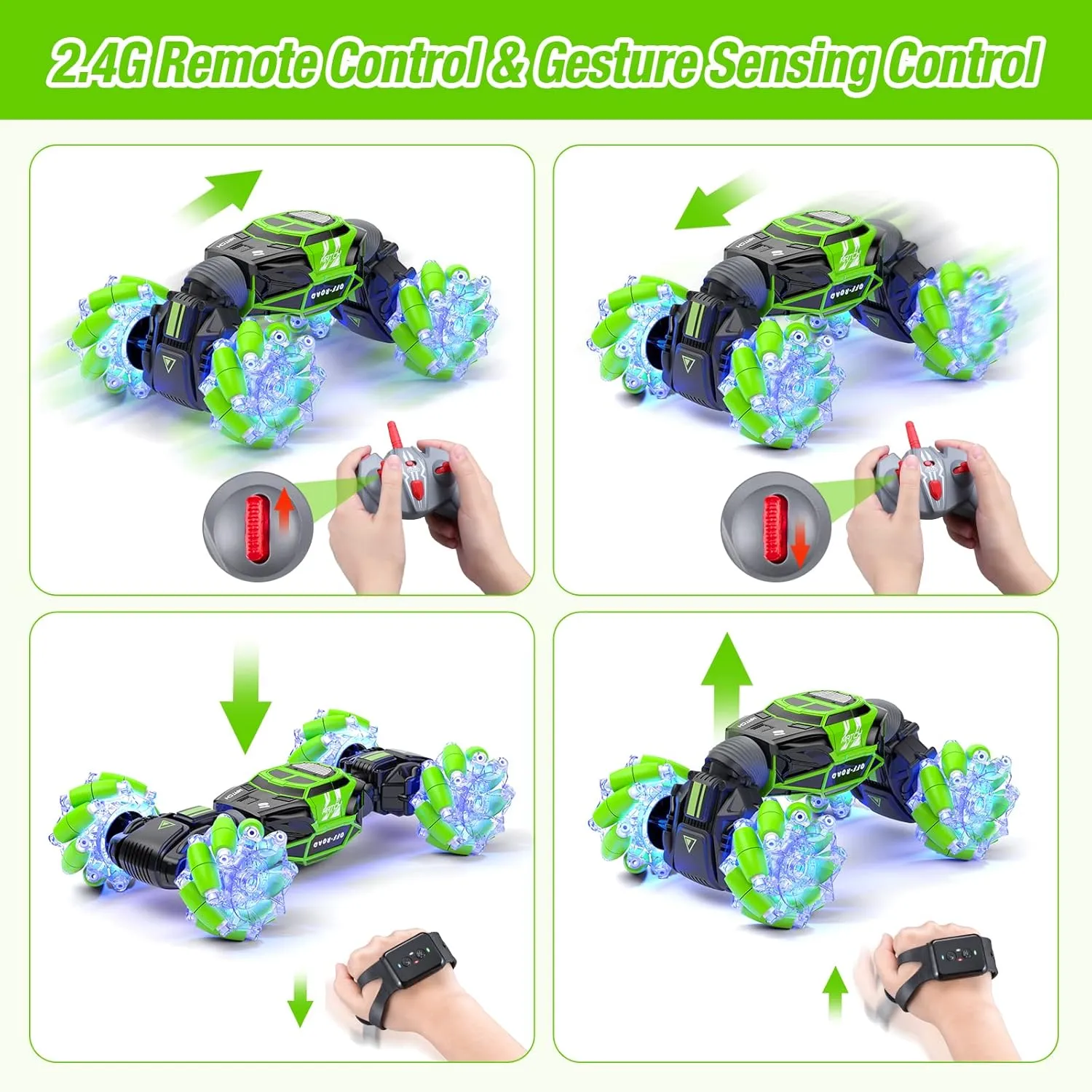 Powerextra LED Gesture Rc Car, 4WD Transform Remote Control Gesture Sensing Car, Double Sided 360° Rotating Off Road Stunt Car with Lights, Toy Car for 6-12 Year Old Boys & Girls