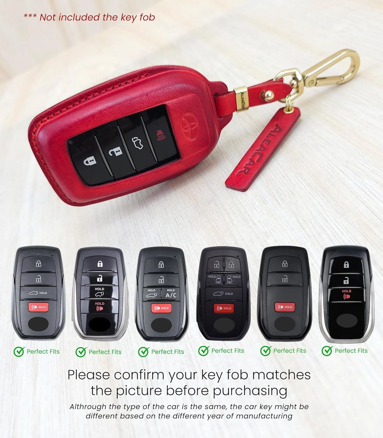 Premium Leather Key Fob Cover with Keychain, Accessories for Toyota, Protector and Fits Camry 2025, Tundra 2022-2025, Tacoma, Sequoia, Sienna, 2024 RAV4, Highlander, Corolla Cross (Red)