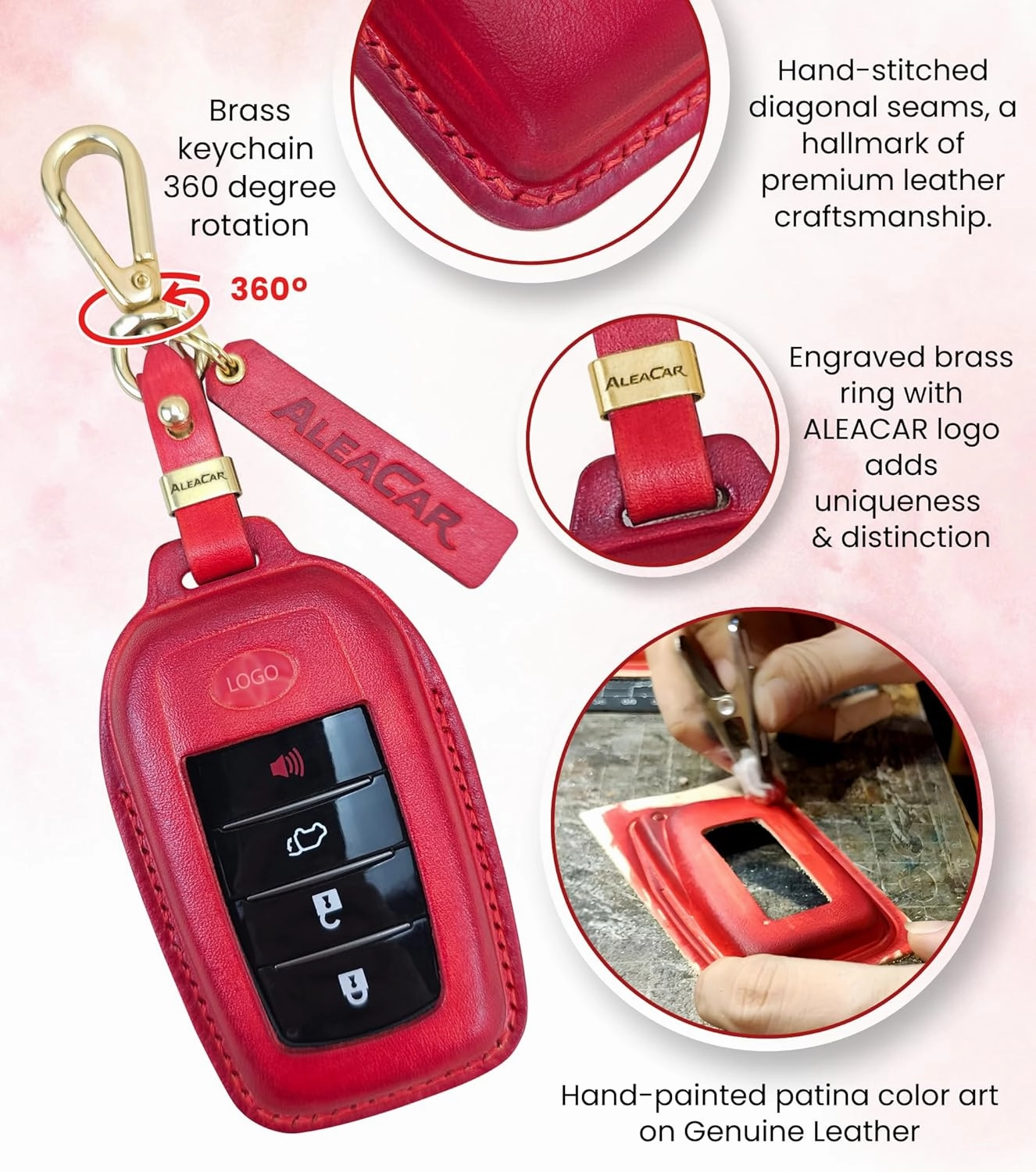 Premium Leather Key Fob Cover with Keychain, Accessories for Toyota, Protector and Fits Camry 2025, Tundra 2022-2025, Tacoma, Sequoia, Sienna, 2024 RAV4, Highlander, Corolla Cross (Red)