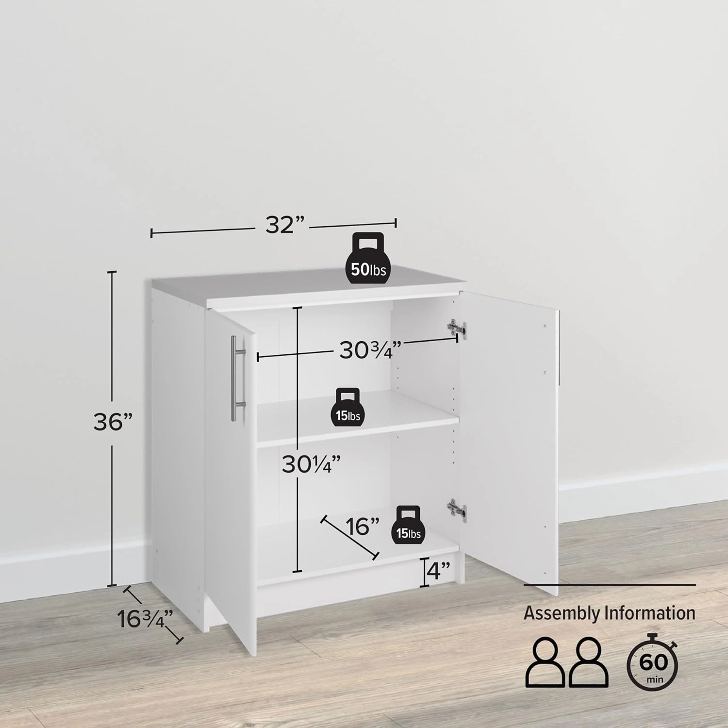 Prepac Elite 32" Storage Cabinet, White Storage Cabinet, Base Cabinet, Bathroom Cabinet with 1 Adjustable Shelf 18" D x 32" W x 36" H, WEB-3216