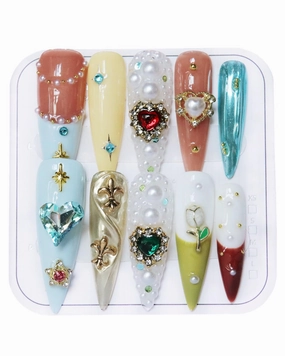 Press on Nails Handmade Nails Luxury Reusable Fake Nails Extra long Almond Tip Mixed Color Blue Diamonds HandPainted Loveful Design Acrylic GelUV Finished For Women 3DNails 10PCS(A025, L)