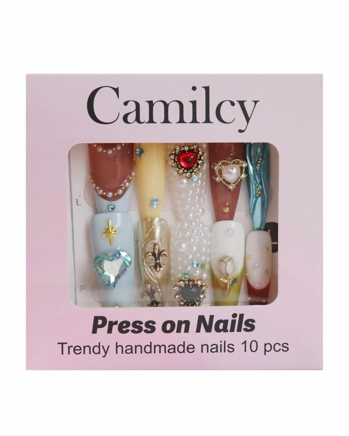 Press on Nails Handmade Nails Luxury Reusable Fake Nails Extra long Almond Tip Mixed Color Blue Diamonds HandPainted Loveful Design Acrylic GelUV Finished For Women 3DNails 10PCS(A025, L)